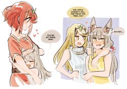 Rule 34 | 4girls, ange (angeban93), animal ears, arm around shoulder, blonde hair, blush, cat ears, english text, female focus, grey hair, headpat, heart, highres, hug, matching hair/eyes, mio (xenoblade), mother and daughter, multiple girls, mythra (xenoblade), nia (xenoblade), pyra (xenoblade), red eyes, red hair, sleeveless, sleeveless turtleneck, smile, speech bubble, spoilers, tiara, turtleneck, upper body, wife and wife and wife, xenoblade chronicles (series), xenoblade chronicles 2, xenoblade chronicles 3, yellow eyes