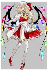 Rule 34 | 1girl, ascot, blonde hair, border, bow, collared shirt, crystal, fangs, flandre scarlet, frilled shirt collar, frilled skirt, frilled sleeves, frills, full body, grey background, hair between eyes, hat, hat ribbon, highres, long hair, looking at viewer, mary janes, miko (miko030751), mob cap, one-hour drawing challenge, one side up, open mouth, outside border, puffy short sleeves, puffy sleeves, red eyes, red footwear, red ribbon, red skirt, red vest, ribbon, shirt, shoes, short sleeves, skirt, skirt set, slit pupils, smile, solo, thick eyebrows, touhou, vest, waist bow, white border, white bow, white hat, white shirt, wings, yellow ascot