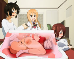 Rule 34 | 10s, 1boy, 2girls, black hair, blonde hair, blush, bottomless, breasts, brother and sister, brown eyes, brown hair, butterfly sitting, censored, clothed sex, clothes lift, controller, cum, cum in pussy, doggystyle, doma taihei, doma umaru, ebina nana, ejaculation, glasses, hetero, himouto! umaru-chan, huge breasts, internal cumshot, kotatsu, large breasts, long hair, lying, morokoshitaroh, motion lines, multiple girls, on stomach, open mouth, panties, penis, pillow, playing games, profile, school uniform, semi-rimless eyewear, sex, sex from behind, short hair, siblings, sitting, skirt, skirt lift, stealth sex, striped clothes, striped panties, table, twintails, under-rim eyewear, under kotatsu, under table, underwear, vaginal, wavy mouth, x-ray
