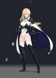 Rule 34 | + +, 1girl, armor, armored boots, blonde hair, blue eyes, boots, cape, choker, covered navel, earrings, full body, fur collar, gauntlets, high heels, highleg, highleg leotard, highres, holding, holding weapon, jewelry, knight, lance, leotard, long hair, looking to the side, md5 mismatch, original, parted lips, polearm, resolution mismatch, rikui (rella2930), shoulder armor, simple background, small hands, solo, source larger, thigh boots, thighhighs, weapon