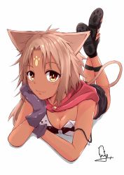 Rule 34 | 1girl, animal ears, bad id, bad pixiv id, blush, breasts, brown eyes, brown hair, cat ears, cat tail, cleavage, dark-skinned female, dark skin, facial mark, fang, forehead mark, gloves, hand on own cheek, hand on own face, highres, legband, looking at viewer, lying, medium breasts, on stomach, original, shoes, short hair, sketch, smile, solo, tail, tan, watermark, yuuki shushu
