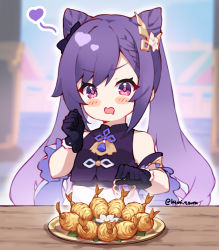 Rule 34 | 1girl, :o, arm up, bare shoulders, black gloves, blurry, blurry background, blush, chibi, commentary request, cone hair bun, detached sleeves, drooling, eyelashes, flower, genshin impact, gloves, golden shrimp balls (genshin impact), hair bun, hair ornament, heart, highres, keqing (genshin impact), kimi tsuru, long hair, open mouth, plate, purple eyes, purple hair, saliva, sitting, solo, table, tassel, twitter username, v-shaped eyebrows, white flower, wide sleeves