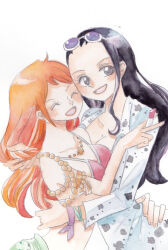 Rule 34 | 2girls, ^ ^, armlet, bikini, bikini top only, black hair, bracelet, closed eyes, commentary request, eyewear on head, hair slicked back, highres, holding, hug, jewelry, long sleeves, looking to the side, multiple girls, nami (one piece), necklace, nico robin, one piece, orange hair, shirt, sidelocks, simple background, smile, swimsuit, upper body, white background, yachiy0
