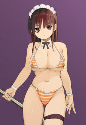 Rule 34 | 1girl, bikini, bracelet, breasts, broom, brown eyes, brown hair, commentary, covered erect nipples, highres, holding, holding broom, jewelry, large breasts, long bangs, long hair, looking at viewer, maid headdress, navel, original, purple background, rokoido12, shiny skin, solo, striped bikini, striped clothes, swimsuit, thigh strap, thighs