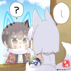 Rule 34 | ..., 2girls, ?, animal ears, artist logo, artist name, azur lane, bare shoulders, blush, brown eyes, brown hair, commentary request, crossover, detached sleeves, fox ears, fox tail, hair between eyes, historical name connection, japanese clothes, kaga (battleship) (azur lane), kaga (kancolle), kantai collection, long hair, mittens, multiple girls, multiple tails, name connection, open mouth, revision, scarf, short hair, side ponytail, spoken ellipsis, spoken question mark, tail, taisa (kari), twitter username, white hair, white scarf, wide sleeves