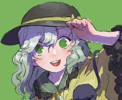 Rule 34 | 1girl, :d, arm up, backlighting, black frills, black hat, blouse, bow, bright pupils, collared shirt, eyeball, eyelashes, frilled shirt collar, frilled sleeves, frills, green background, green eyes, hair between eyes, hand on headwear, hand up, hat, hat bow, hat ribbon, komeiji koishi, light green hair, long sleeves, looking at viewer, medium hair, motsuni (artist), nostrils, open mouth, portrait, ribbon, round teeth, shirt, simple background, smile, solo, teeth, third eye, touhou, upper teeth only, wavy hair, white pupils, wide sleeves, yellow bow, yellow ribbon, yellow shirt