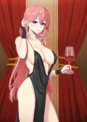 Rule 34 | 1girl, absurdres, alcohol, black dress, blue eyes, breasts, bridal gauntlets, collarbone, cowboy shot, cup, dress, drinking glass, earrings, fingernails, grin, hair between eyes, tucking hair, hand up, highres, holding, holding cup, hololive, indoors, jewelry, kuon bb, large breasts, light blush, long hair, looking at viewer, nail polish, necklace, pink hair, plunging neckline, red nails, side slit, smile, solo, takane lui, very long hair, virtual youtuber, wine, wine glass