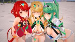 Rule 34 | 3d, 3girls, angry, armor, blonde hair, boots, breasts, building, concrete, custom maid 3d 2, elbow gloves, gem, gloves, green eyes, green hair, highres, jewelry, large breasts, long hair, looking at viewer, matching hair/eyes, multiple girls, mythra (xenoblade), nervous, nintendo, nipples, nude, panties, plant, pneuma (xenoblade), ponytail, pyra (xenoblade), red eyes, red hair, shoulder armor, shy, spoilers, standing, staring, swept bangs, thigh strap, thighhighs, triple persona, tyrving, underwear, very long hair, window, xeno (series), xenoblade chronicles (series), xenoblade chronicles 2, yellow eyes