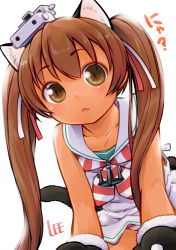 Rule 34 | 10s, 1girl, :&lt;, all fours, animal ears, animal hands, bare shoulders, blush, brown eyes, brown hair, cat ears, cat tail, dark-skinned female, dark skin, dress, fang, gloves, hair ribbon, hat, kantai collection, lee (colt), libeccio (kancolle), long hair, looking at viewer, panties, paw gloves, ribbon, sailor dress, sleeveless, slit pupils, solo, striped clothes, striped panties, tail, twintails, underwear