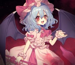 Rule 34 | 1girl, ascot, bat wings, black background, blue hair, blush, bow, collared dress, dress, fang, fingernails, frills, gradient background, hair between eyes, hand up, hat, hat bow, holding, holding weapon, kyouda suzuka, long fingernails, looking at viewer, mob cap, nail polish, open mouth, pink ascot, pink bow, pink dress, pink hat, polearm, puffy short sleeves, puffy sleeves, red background, red eyes, red nails, remilia scarlet, short sleeves, smile, solo, spear, spear the gungnir, standing, teeth, tongue, touhou, weapon, wings, wrist cuffs