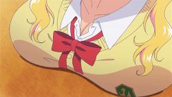 Rule 34 | 1girl, animated, animated gif, blonde hair, bouncing breasts, bow, breast press, breasts, cleavage, galko, large breasts, long hair, lowres, oshiete! galko-chan, ribbon, rubbing, school uniform, screencap, sweater