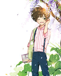 Rule 34 | 1boy, brown hair, collared shirt, cowboy shot, flower, hand up, highres, keishin, leaf, one eye closed, open mouth, original, petals, plant, purple flower, shirt, short hair, smile, solo, striped clothes, striped shirt, suspenders