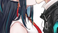 Rule 34 | 1boy, 1girl, arknights, bare shoulders, black coat, black hair, blue hair, chinese commentary, coat, commentary request, doctor (arknights), dress, dusk (arknights), earrings, from side, head out of frame, hetero, highres, jewelry, kiss, long hair, long wuxian, multicolored hair, necktie, pointy ears, red necktie, sidelocks, sleeveless, sleeveless dress, streaked hair, two-tone hair, upper body, white background, white dress