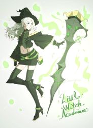 Rule 34 | 1girl, black footwear, black gloves, black hat, black skirt, boots, copyright name, curly hair, diana cavendish, earrings, floating hair, full body, garter straps, gloves, green eyes, green thighhighs, hat, highres, jewelry, knee boots, konbari tariumu, leg up, little witch academia, long hair, midriff, miniskirt, navel, outstretched arm, parted bangs, pencil skirt, silver hair, skirt, solo, standing, standing on one leg, stomach, suspender skirt, suspenders, thighhighs, witch hat, zettai ryouiki