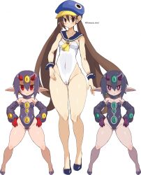 Rule 34 | 3girls, :&lt;, absurdres, blue footwear, blue headwear, blue sailor collar, blue sclera, blue wrist cuffs, blush, breasts, brown eyes, brown hair, choker, closed mouth, collarbone, colored sclera, commentary, covered navel, des x (disgaea), desco (disgaea), detached sleeves, disgaea, dismania (xenoman), earrings, english commentary, extra eyes, eyeball earrings, female focus, flats, frown, full body, gloves, hair between eyes, hand on own hip, hands on own hips, hat, height difference, highleg, highleg leotard, highres, horns, jewelry, kazamatsuri fuuka, legs apart, leotard, long hair, looking at viewer, makai senki disgaea 4, medium breasts, mixed-language commentary, multiple girls, neckerchief, no socks, pointy ears, purple choker, purple eyes, purple footwear, purple gloves, purple horns, purple leotard, purple sleeves, red eyes, red gloves, red horns, ringed eyes, sailor collar, short hair, simple background, single earring, slit pupils, smile, standing, straight-on, twintails, twitter username, very long hair, watermark, white background, white leotard, wrist cuffs, yellow neckerchief, yellow sclera