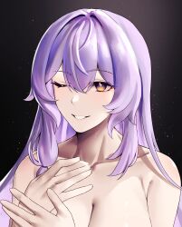 Rule 34 | 1girl, absurdres, black background, black swan (honkai: star rail), breasts, collarbone, commentary request, grin, hair between eyes, highres, honkai: star rail, honkai (series), korean commentary, long hair, looking at viewer, nude, one eye closed, out-of-frame censoring, purple hair, pyeong-il pyeongil, smile, solo, upper body, very long hair, yellow eyes