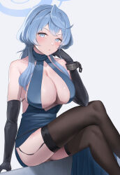 Rule 34 | 1girl, ako (blue archive), ako (dress) (blue archive), bare shoulders, black garter straps, black gloves, black thighhighs, blue archive, blue eyes, blue hair, blue halo, blush, breasts, cleavage, collarbone, crossed legs, elbow gloves, feet out of frame, garter straps, gloves, grey background, halo, highres, large breasts, looking at viewer, medium hair, official alternate costume, parted lips, shougun (chuckni1), simple background, sitting, solo, thighhighs, thighs