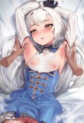 Rule 34 | 1girl, armpits, bed sheet, black gloves, breasts, censored, collarbone, corset, covered erect nipples, detached sleeves, fate/grand order, fate (series), gloves, heart, heart-shaped pupils, heart censor, highres, long hair, looking at viewer, melusine (fate), nipples, no panties, padoruu, paid reward available, see-through, small breasts, spread armpit, sweat, symbol-shaped pupils, variant set, white hair, white sleeves, yellow eyes