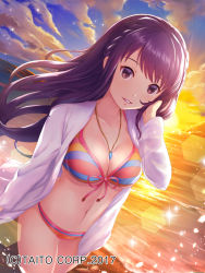 Rule 34 | 1girl, bad id, bad pixiv id, beach, bikini, blue bikini, blue sky, braid, breasts, cleavage, cloud, cloudy sky, collarbone, commentary request, company name, crown braid, dutch angle, floating hair, front-tie bikini top, front-tie top, gradient sky, hand in own hair, hand up, highres, horizon, ilog, jewelry, lens flare, light smile, long hair, long sleeves, looking at viewer, lunacle, medium breasts, multicolored bikini, multicolored clothes, navel, necklace, ocean, official art, open clothes, open shirt, orange sky, outdoors, parted lips, pendant, photoshop (medium), pink bikini, purple eyes, purple hair, red bikini, shirt, sky, solo, sparkle, standing, stomach, striped bikini, striped clothes, sunset, swimsuit, white shirt, wind, yellow bikini