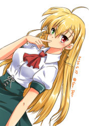 Rule 34 | 1girl, ahoge, artist name, blonde hair, collared shirt, commentary request, dated, finger to mouth, green eyes, green skirt, hair between eyes, heterochromia, high-waist skirt, highres, long hair, looking at viewer, lyrical nanoha, mahou shoujo lyrical nanoha vivid, neckerchief, red eyes, red neckerchief, san-pon, shirt, short sleeves, sidelocks, simple background, skirt, solo, vivio, white background, white shirt