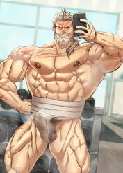1boy abs armpits bara bdsm beard biceps blue_eyes blush bondage bound bulge cellphone censored dumbbell energy_camdy erection erection_under_clothes facial_hair frown fundoshi granblue_fantasy grey_hair gym hand_on_own_hip huge_pectorals japanese_clothes male_focus male_underwear manly mature_male mosaic_censoring muscular muscular_male mustache nipples pectorals phone ponytail precum precum_through_clothes scar solo soriz spiked_hair steam steaming_body sweat sweatdrop teeth testicles thick_arms thick_thighs thighs underwear veins wet wet_clothes wet_male_underwear