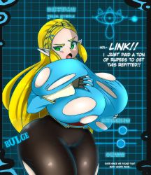 Rule 34 | 1girl, ass, blonde hair, blue shirt, breast expansion, breast hold, breasts, covered erect nipples, elf, english text, eyebrows, fingerless gloves, gloves, green eyes, hair ornament, hairclip, highres, huge breasts, leggings, long hair, looking at viewer, nintendo, pants, pointy ears, princess zelda, shiny clothes, shirt, sideboob, solo, the legend of zelda, the legend of zelda: breath of the wild, torn clothes, zoey kazuya
