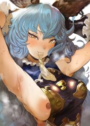Rule 34 | 1girl, absurdres, animal ears, armpits, arms up, blue hair, blush, breasts, commentary request, condom, erune, ferry (granblue fantasy), granblue fantasy, hero neisan, highres, long hair, looking at viewer, medium breasts, mouth hold, nipples, presenting armpit, sleeveless, solo, stray pubic hair, sweat, upper body, used condom, wavy hair, yellow eyes