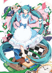 Rule 34 | 1girl, ;d, absurdly long hair, absurdres, alice in musicland (vocaloid), alice in wonderland, aqua eyes, aqua hair, book, bow, cake, card, cat, cheshire cat (alice in wonderland), cookie, cup, flower, food, hair bow, hair ornament, hair ribbon, hairclip, hatsune miku, highres, long hair, looking at viewer, one eye closed, open mouth, playing card, pocket watch, rabbit, ribbon, rose, smile, sugar sound, teacup, teapot, twintails, very long hair, vocaloid, watch, white rabbit (alice in wonderland)