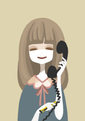 Rule 34 | 1girl, beige background, brown hair, closed eyes, corded phone, creepy, cutting, eyelashes, facing viewer, hobby knife, holding, holding phone, horror (theme), long hair, no lineart, nona drops, open mouth, original, phone, phone cord, pink ribbon, pun, ribbon, simple background, solo, talking, talking on phone, upper body, yellow background