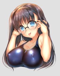 Rule 34 | 1girl, :p, akashi (akashimichi), black-framed eyewear, black hair, blue eyes, blush, breasts, covered erect nipples, female focus, glasses, grey background, huge breasts, large breasts, long hair, looking at viewer, mole, mole under eye, one-piece swimsuit, original, school swimsuit, shiny clothes, simple background, solo, swimsuit, tongue, tongue out, upper body