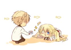 Rule 34 | 1boy, 1girl, ^^^, animal print, blonde hair, blue eyes, blush stickers, canned fish, chi no, chibi, commentary request, drooling, eyepatch, fish print, food, hair between eyes, highres, holding, holding food, jacket, kneeling, long hair, looking at food, lying, mouth drool, nakatsu shizuru, on stomach, one eye closed, open mouth, orange hair, rewrite, school uniform, short hair, simple background, sketch, sparkle, spiked hair, tennouji kotarou, twintails, v-shaped eyebrows, white background, white jacket