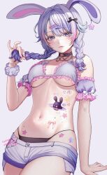 Rule 34 | 10 plus, 1girl, animal ears, arm support, armband, black collar, black panties, blue nails, blush, bow, bra, braid, breasts, cassiopeia (vtuber), collar, commission, cowboy shot, ear piercing, earrings, extra ears, facial tattoo, frilled armband, frilled bra, frills, gradient hair, hair bow, hair intakes, hair ornament, hairclip, hand up, heart, heart tattoo, highres, holding, holding hair, indie virtual youtuber, jewelry, looking at viewer, low twin braids, medium breasts, multicolored hair, nail polish, panties, piercing, pink hair, pink nails, purple armband, purple bra, purple eyes, purple hair, rabbit ears, scrunchie, short shorts, shorts, simple background, skeb commission, solo, star (symbol), star earrings, star tattoo, stomach tattoo, string panties, tattoo, twin braids, twitter username, underboob, underwear, virtual youtuber, wrist scrunchie