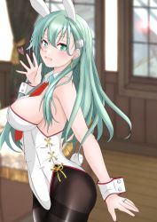 Rule 34 | 1girl, absurdres, alternate costume, animal ears, between breasts, black pantyhose, breasts, cowboy shot, detached collar, fake animal ears, fake tail, green eyes, green hair, hair ornament, hairclip, heart, highleg, highleg leotard, highres, kantai collection, large breasts, leotard, long hair, necktie, necktie between breasts, nitamako (sakamalh), pantyhose, playboy bunny, rabbit ears, rabbit tail, red necktie, side-tie leotard, solo, standing, strapless, strapless leotard, suzuya (kancolle), tail, thighband pantyhose, white leotard, wrist cuffs