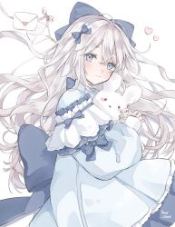 Rule 34 | 1girl, artist name, blue bow, blue dress, blue eyes, bow, closed mouth, detached sleeves, dress, frilled dress, frilled sleeves, frills, hair between eyes, hair bow, heart, highres, holding, holding stuffed toy, large bow, letter, light blush, long hair, long sleeves, looking at viewer, love letter, lying, on side, original, ribbon, signature, simple background, sleeves past wrists, solo, stuffed animal, stuffed rabbit, stuffed toy, wavy hair, white background, white hair, yuni 0205