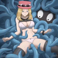 Rule 34 | 1girl, black thighhighs, blonde hair, bra, clothed sex, clothing aside, creatures (company), female focus, game freak, gen 1 pokemon, glasses, hat, highres, nintendo, panties, panties aside, pokemon, pokemon xy, restrained, serena (pokemon), sweat, tagme, tangela, tentacle sex, tentacles, the tentacle professor, thighhighs, underwear