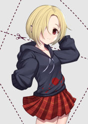 Rule 34 | 1girl, black hoodie, blonde hair, breasts, closed mouth, commentary, cut-here line, dotted line, drawstring, ear piercing, grey background, hair over one eye, hand up, highres, hood, hood down, hoodie, idolmaster, idolmaster cinderella girls, long sleeves, looking at viewer, piercing, plaid, plaid skirt, pleated skirt, red eyes, red skirt, shirasaka koume, skirt, sleeves past fingers, sleeves past wrists, small breasts, smile, solo, symbol-only commentary, uneg