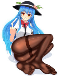 Rule 34 | 1girl, ass, black hat, black pantyhose, blue hair, blush, bow, bowtie, chinese text, closed mouth, dress shirt, feet, food, frills, fruit, full body, hat, highres, hinanawi tenshi, leaf, legs, long hair, looking at viewer, lying, md5 mismatch, middle finger, nekoda (maoda), no shoes, on side, orange eyes, pantyhose, peach, puffy short sleeves, puffy sleeves, red bow, red bowtie, shirt, short sleeves, sidelocks, smile, soles, solo, thighband pantyhose, toes, touhou, very long hair, white background, white shirt