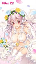 Rule 34 | 1girl, blush, bouquet, breasts, bridal gauntlets, bridal veil, bride, cleavage, dress, elbow gloves, fingerless gloves, flower, gloves, gradient background, hair flower, hair ornament, head wreath, headphones, highres, jewelry, large breasts, long hair, looking at viewer, navel, nitroplus, official art, open mouth, pink hair, smile, solo, super sonico, thighhighs, tsuji santa, veil, wedding, wedding dress
