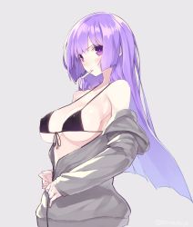 Rule 34 | 1girl, bare shoulders, bikini, black bikini, breasts, cleavage, commentary request, front-tie top, highres, large breasts, long hair, looking at viewer, mouth hold, nishikawa youko, off shoulder, purple eyes, purple hair, sansha san&#039;you, senmu (senmudayo), solo, swimsuit, unbuttoned, undressing