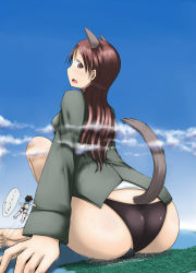 Rule 34 | 2girls, animal ears, ass, black panties, blush, cloud, day, destruction, giant, giantess, highres, huge giantess, looking down, minna-dietlinde wilcke, miyafuji yoshika, multiple girls, ocean, open mouth, panties, red eyes, red hair, shore, sitting, sky, strike witches, tail, terada ochiko, translation request, underwear, uniform, world witches series