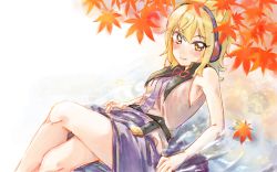 Rule 34 | 1girl, arm support, armpits, autumn, autumn leaves, bad id, bad pixiv id, belt, black belt, blonde hair, blouse, blush, breasts, closed mouth, collarbone, commentary request, crossed legs, earmuffs, leaf, looking at viewer, lying, lying on water, maple leaf, momo (baso4), on back, pointy hair, purple skirt, reflection, shirt, short hair, skirt, sleeveless, sleeveless shirt, smile, solo, touhou, toyosatomimi no miko, water, yellow eyes