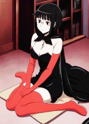 Rule 34 | 1girl, animated, animated gif, black dress, black hair, bob cut, breasts, cape, cleavage, cosplay, dress, durarara!!, elbow gloves, glasses, gloves, jewelry, large breasts, necklace, on floor, red gloves, red thighhighs, short hair, sitting, solo, sonohara anri, strapless, strapless dress, thighhighs, wariza