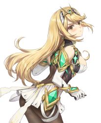 Rule 34 | 1girl, ass, athenawyrm, bare shoulders, black pantyhose, blonde hair, blush, breasts, chest jewel, cleavage, cleavage cutout, clothing cutout, dress, earrings, elbow gloves, gem, gloves, hair ornament, headpiece, highres, jewelry, large breasts, long hair, looking at viewer, mythra (massive melee) (xenoblade), mythra (xenoblade), nintendo, pantyhose, short dress, simple background, solo, super smash bros., swept bangs, thigh strap, tiara, tsundere, very long hair, white background, white dress, white gloves, xenoblade chronicles (series), xenoblade chronicles 2, yellow eyes