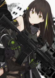 Rule 34 | 1girl, armpits, assault rifle, blurry, blurry background, brown hair, closed mouth, e draw paint, expressionless, girls&#039; frontline, gloves, gun, hair between eyes, hair ornament, highres, holding, holding weapon, jacket, long hair, long sleeves, looking at viewer, m4 carbine, m4a1 (girls&#039; frontline), m4a1 (mod3) (girls&#039; frontline), mod3 (girls&#039; frontline), multicolored hair, orange eyes, personification, rifle, solo, turtleneck, two-tone hair, weapon