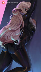 Rule 34 | 1girl, against wall, araneesama, arms up, ass, back, black bodysuit, black cat (marvel), blue eyes, blush, bodysuit, breast press, breasts, domino mask, felicia hardy, fur trim, highres, large breasts, long hair, looking at viewer, looking back, marvel, mask, skin tight, solo, spider-man (series), thighs, white hair