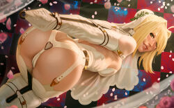 Rule 34 | 1girl, arms behind back, ass, ass focus, bare shoulders, bdsm, bound, bound arms, breasts, fang, fate (series), garter belt, green eyes, grin, heart o-ring, highres, large breasts, looking at viewer, nero claudius (bride) (fate), nero claudius (fate), nero claudius (fate) (all), panties, petals, shiny skin, smile, solo, teeth, themaestronoob, thighhighs, underwear, white panties, white thighhighs