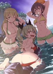 Rule 34 | 3girls, ;), anchovy (girls und panzer), armpits, arms behind head, ass, barefoot, bikini, bikini pull, bikini shorts, bikini skirt, black hair, black ribbon, blonde hair, blush, braid, breasts, brown eyes, butt crack, carpaccio (girls und panzer), closed mouth, clothes pull, commentary request, covering privates, covering breasts, day, drill hair, dutch angle, from behind, girls und panzer, gluteal fold, green bikini, green eyes, green hair, grin, groin, hair ribbon, hand on head, inflatable torpedo, inflatable toy, inu (aerodog), large breasts, leaning forward, long hair, looking at viewer, looking back, medium breasts, mismatched bikini, multiple girls, navel, one eye closed, open bikini, open clothes, outdoors, pepperoni (girls und panzer), red bikini, red eyes, ribbon, short hair, shorts, side braid, sitting, smile, standing, straddling, swimming, swimsuit, twin drills, twintails, untied bikini, wading, wardrobe malfunction, water, wavy hair, wet, white bikini, yellow bikini