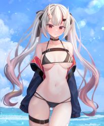 Rule 34 | 1girl, absurdres, alternate breast size, andamiro, bare shoulders, bikini, blush, breasts, cleavage, collarbone, highres, hololive, horns, large breasts, long hair, looking at viewer, nakiri ayame, navel, oni, open mouth, skin-covered horns, smile, solo, swimsuit, thighs, virtual youtuber