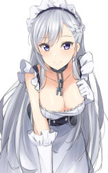 Rule 34 | 1girl, absurdres, apron, azur lane, bare shoulders, belfast (azur lane), braid, breasts, broken, broken chain, chain, cleavage, closed mouth, collarbone, commentary request, dress, elbow gloves, gloves, grey hair, hair between eyes, highres, kohakope, large breasts, leaning forward, long hair, maid, maid headdress, purple eyes, simple background, smile, solo, very long hair, white apron, white background, white gloves