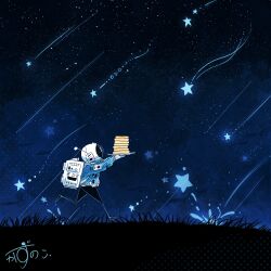 Rule 34 | 1other, absurdres, astronaut, backpack, bag, blue theme, box, catching, chasing, commentary request, food, from side, grass, helmet, highres, holding, holding plate, kazunoko (kazunoko zunoco), meteor shower, mini person, nature, night, night sky, original, outdoors, pancake, pancake stack, plate, radio antenna, running, signature, sky, solo, space helmet, spot color, star (sky), star (symbol), starry sky